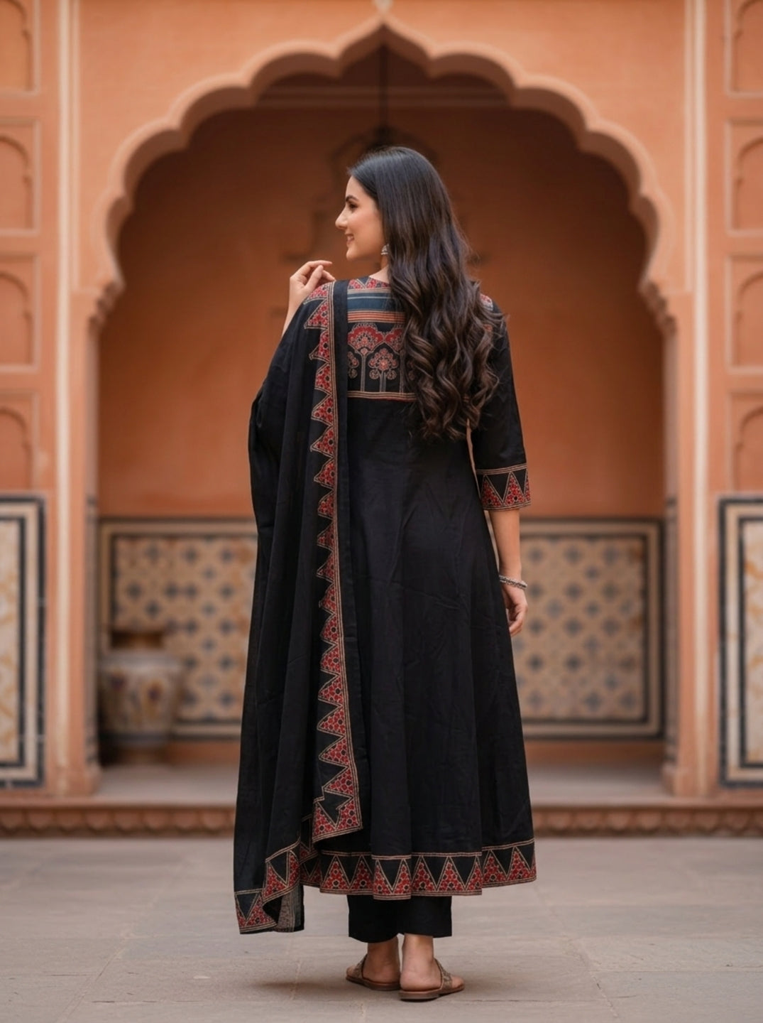 Black Ethnic Printed Embroidered Cotton Anarkali Kurta Set with Pant and Printed Dupatta
