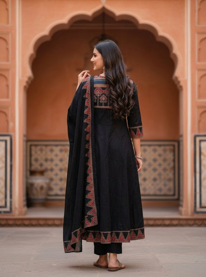 Black Ethnic Printed Embroidered Cotton Anarkali Kurta Set with Pant and Printed Dupatta