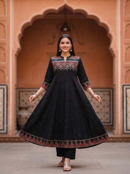 Black Ethnic Printed Embroidered Cotton Anarkali Kurta Set with Pant and Printed Dupatta