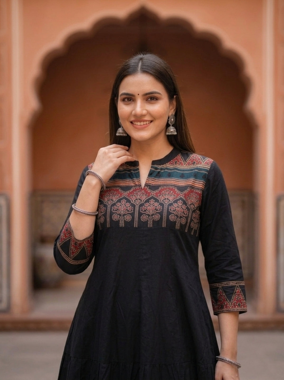 Black Ethnic Printed Embroidered Cotton Anarkali Kurta Set with Pant and Printed Dupatta