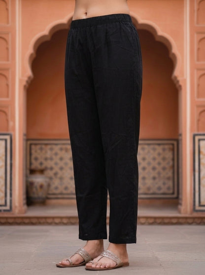 Black Ethnic Printed Embroidered Cotton Anarkali Kurta Set with Pant and Printed Dupatta