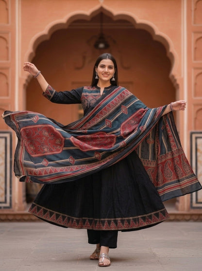 Black Ethnic Printed Embroidered Cotton Anarkali Kurta Set with Pant and Printed Dupatta