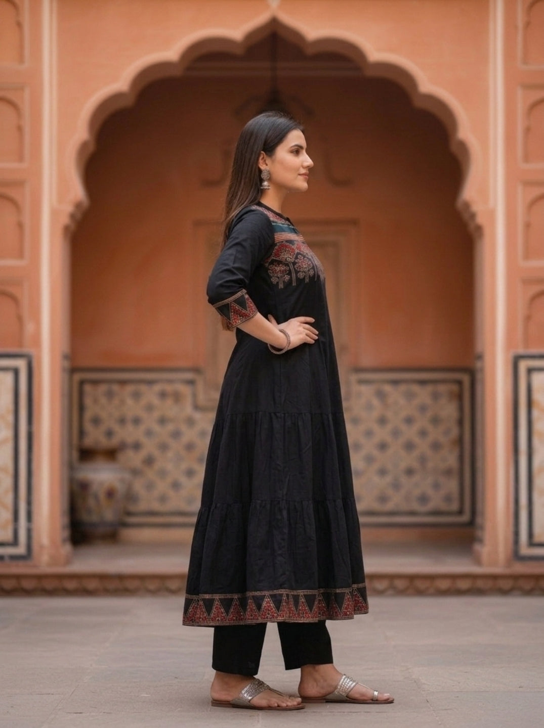 Black Ethnic Printed Embroidered Cotton Anarkali Kurta Set with Pant and Printed Dupatta