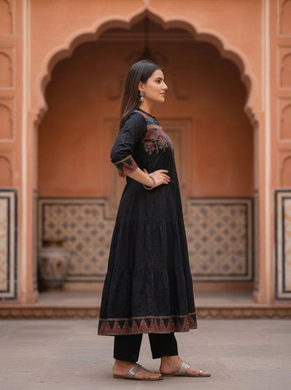 Black Ethnic Printed Embroidered Cotton Anarkali Kurta Set with Pant and Printed Dupatta