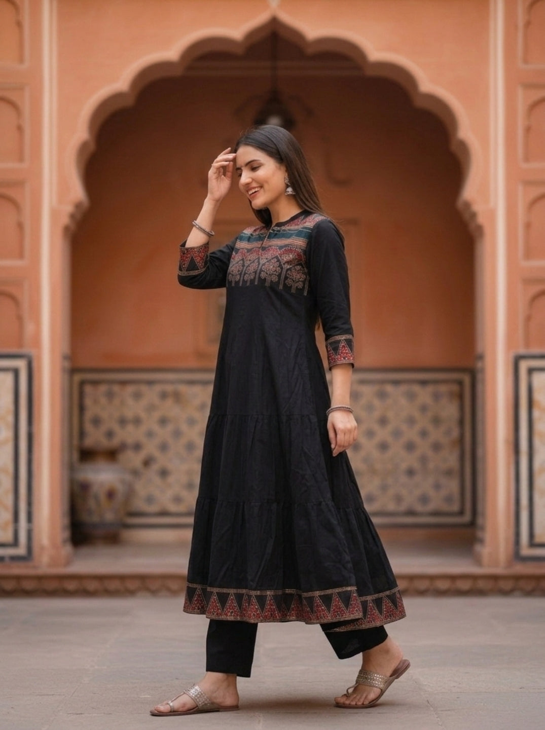 Black Ethnic Printed Embroidered Cotton Anarkali Kurta Set with Pant and Printed Dupatta