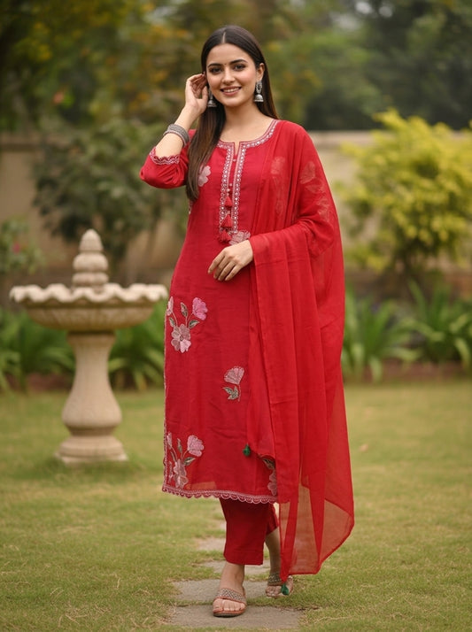 Red Solid Floral Embroidered Silk Blend Straight Kurta Set with Palazzo and Dupatta