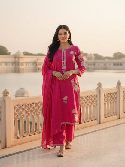 Rani Pink Solid Floral Sequin Embroidered Silk Blend Straight Kurta Set with Palazzo and Dupatta