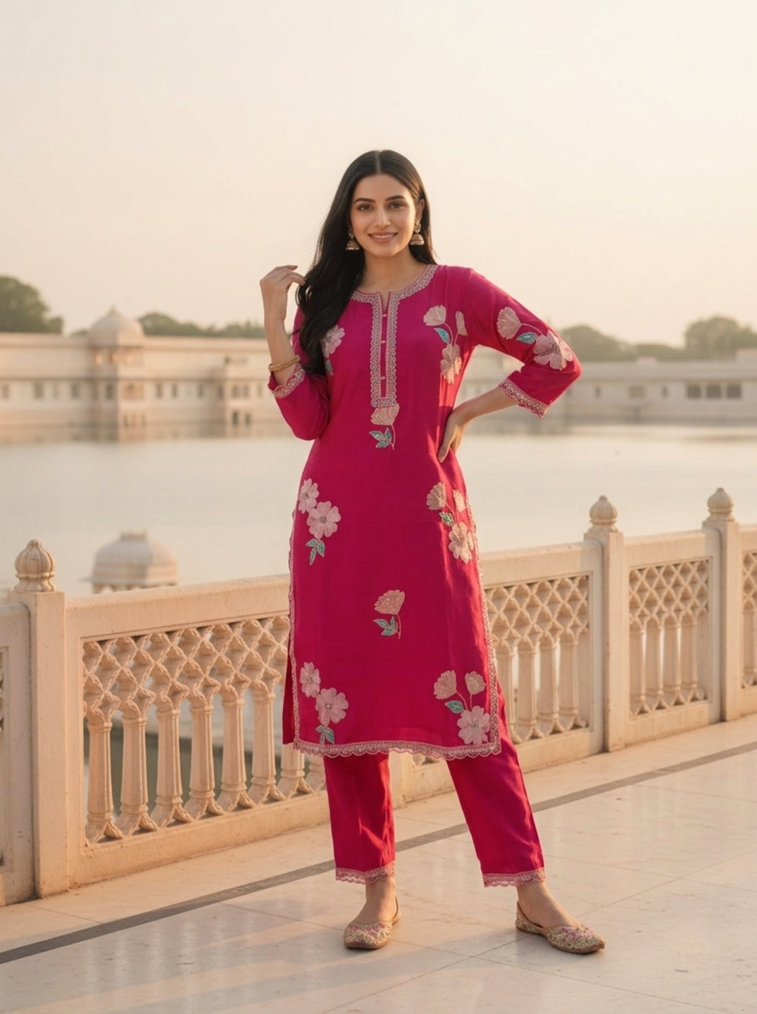 Rani Pink Solid Floral Sequin Embroidered Silk Blend Straight Kurta Set with Palazzo and Dupatta