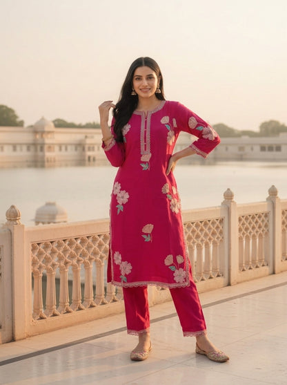 Rani Pink Solid Floral Sequin Embroidered Silk Blend Straight Kurta Set with Palazzo and Dupatta