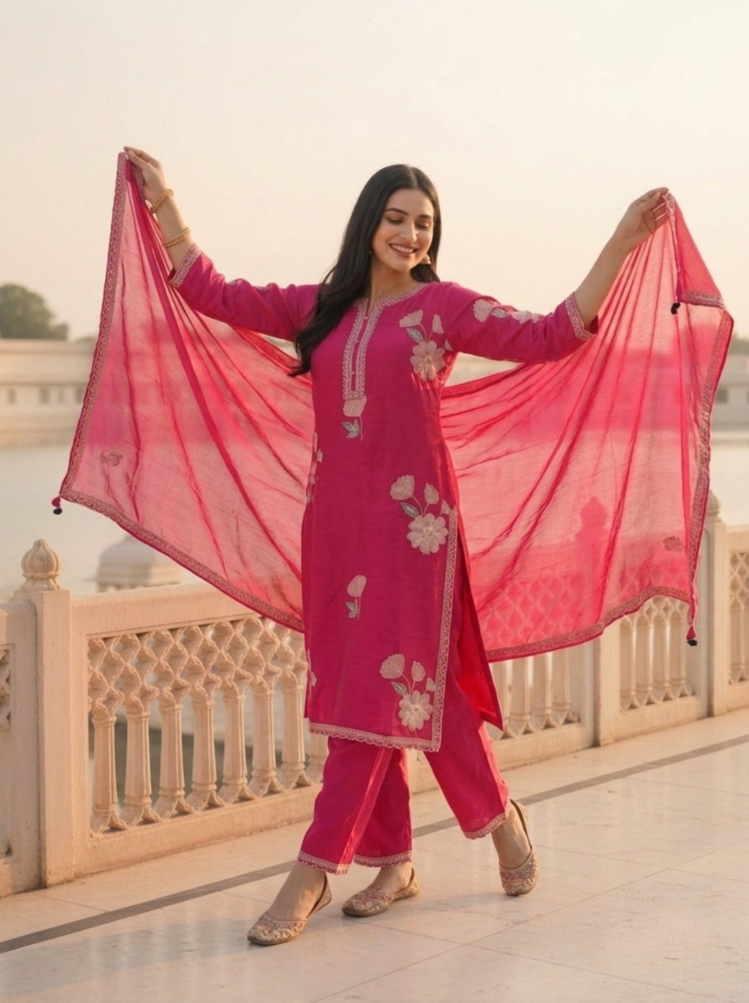 Rani Pink Solid Floral Sequin Embroidered Silk Blend Straight Kurta Set with Palazzo and Dupatta