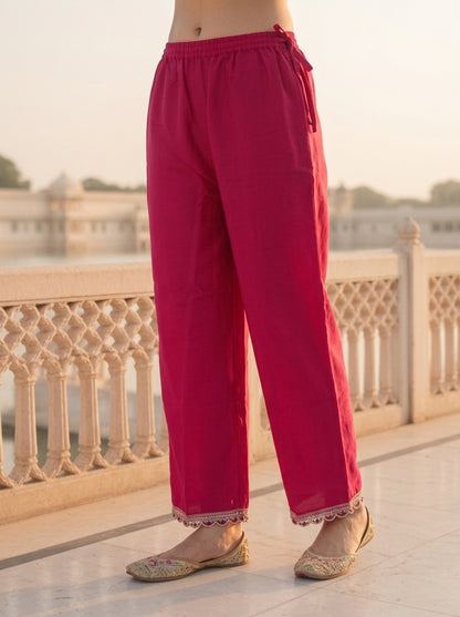 Rani Pink Solid Floral Sequin Embroidered Silk Blend Straight Kurta Set with Palazzo and Dupatta