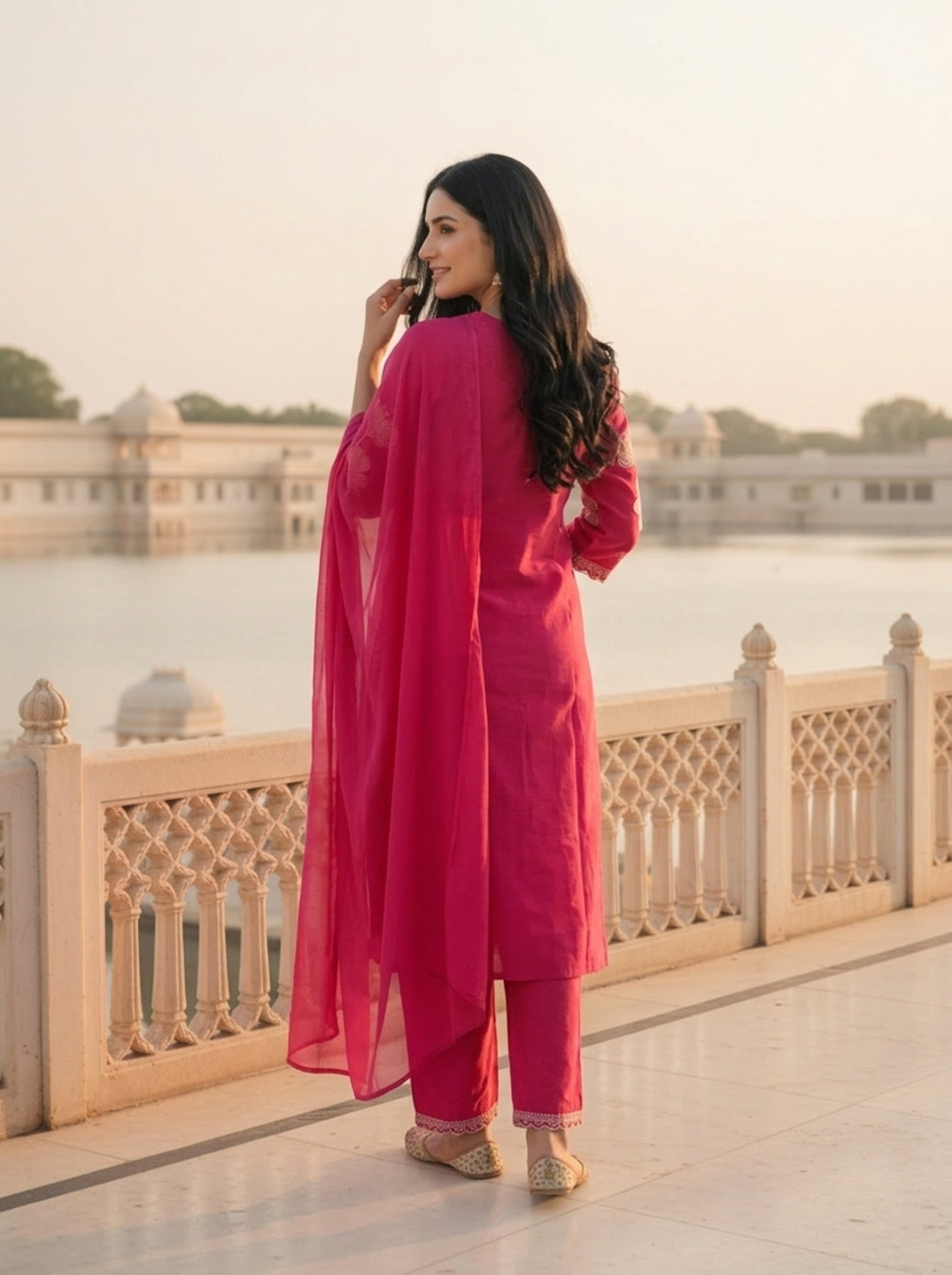 Rani Pink Solid Floral Sequin Embroidered Silk Blend Straight Kurta Set with Palazzo and Dupatta