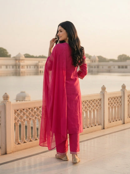 Rani Pink Solid Floral Sequin Embroidered Silk Blend Straight Kurta Set with Palazzo and Dupatta