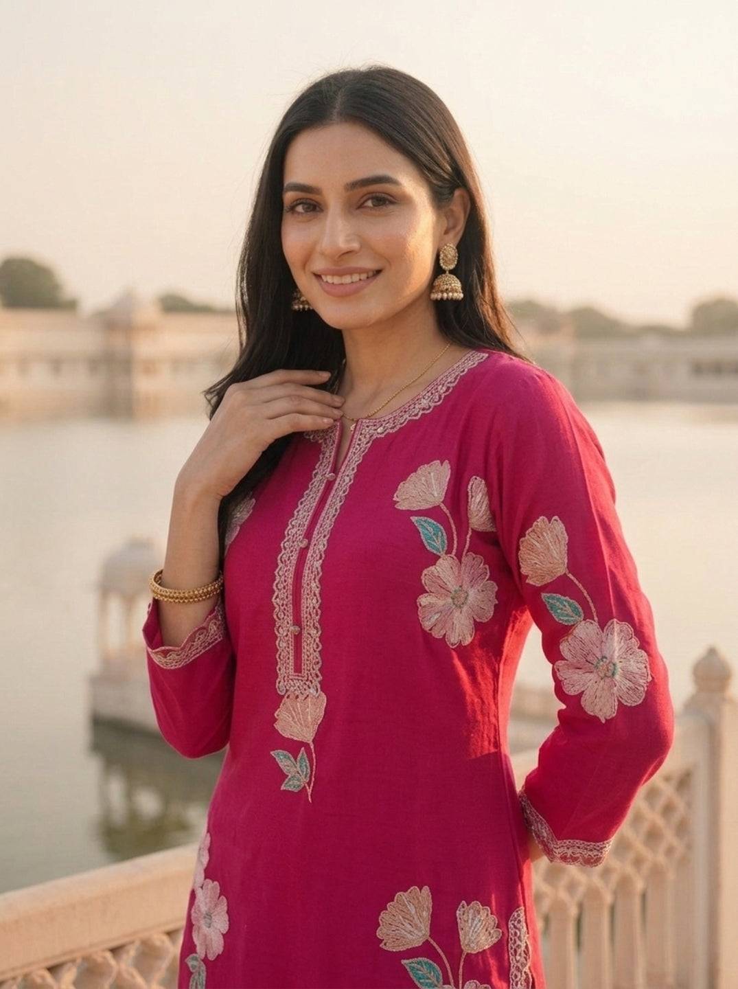 Rani Pink Solid Floral Sequin Embroidered Silk Blend Straight Kurta Set with Palazzo and Dupatta