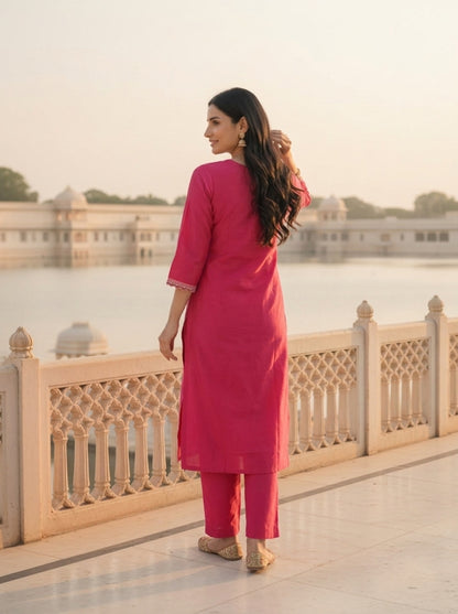 Rani Pink Solid Floral Sequin Embroidered Silk Blend Straight Kurta Set with Palazzo and Dupatta