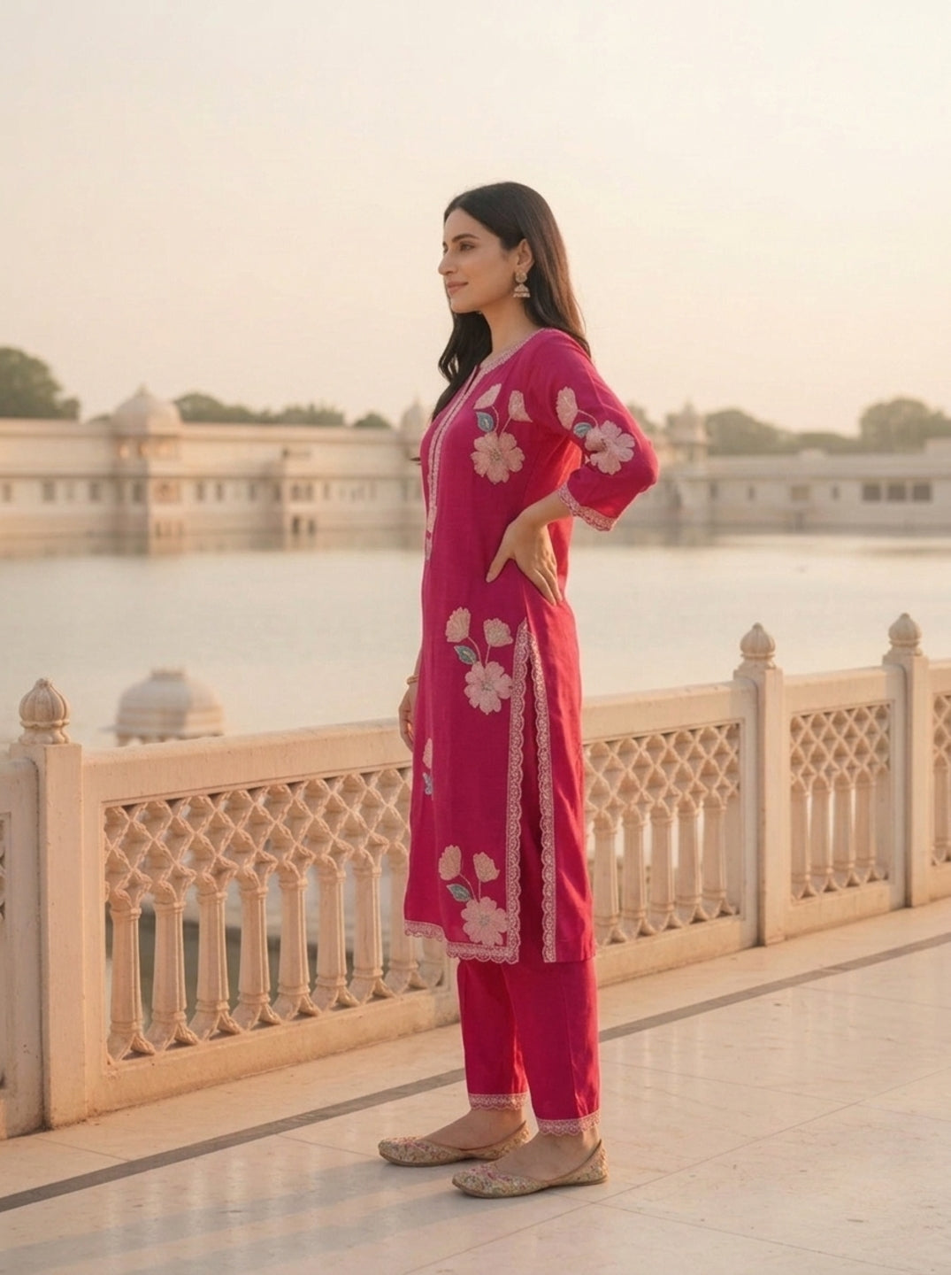 Rani Pink Solid Floral Sequin Embroidered Silk Blend Straight Kurta Set with Palazzo and Dupatta