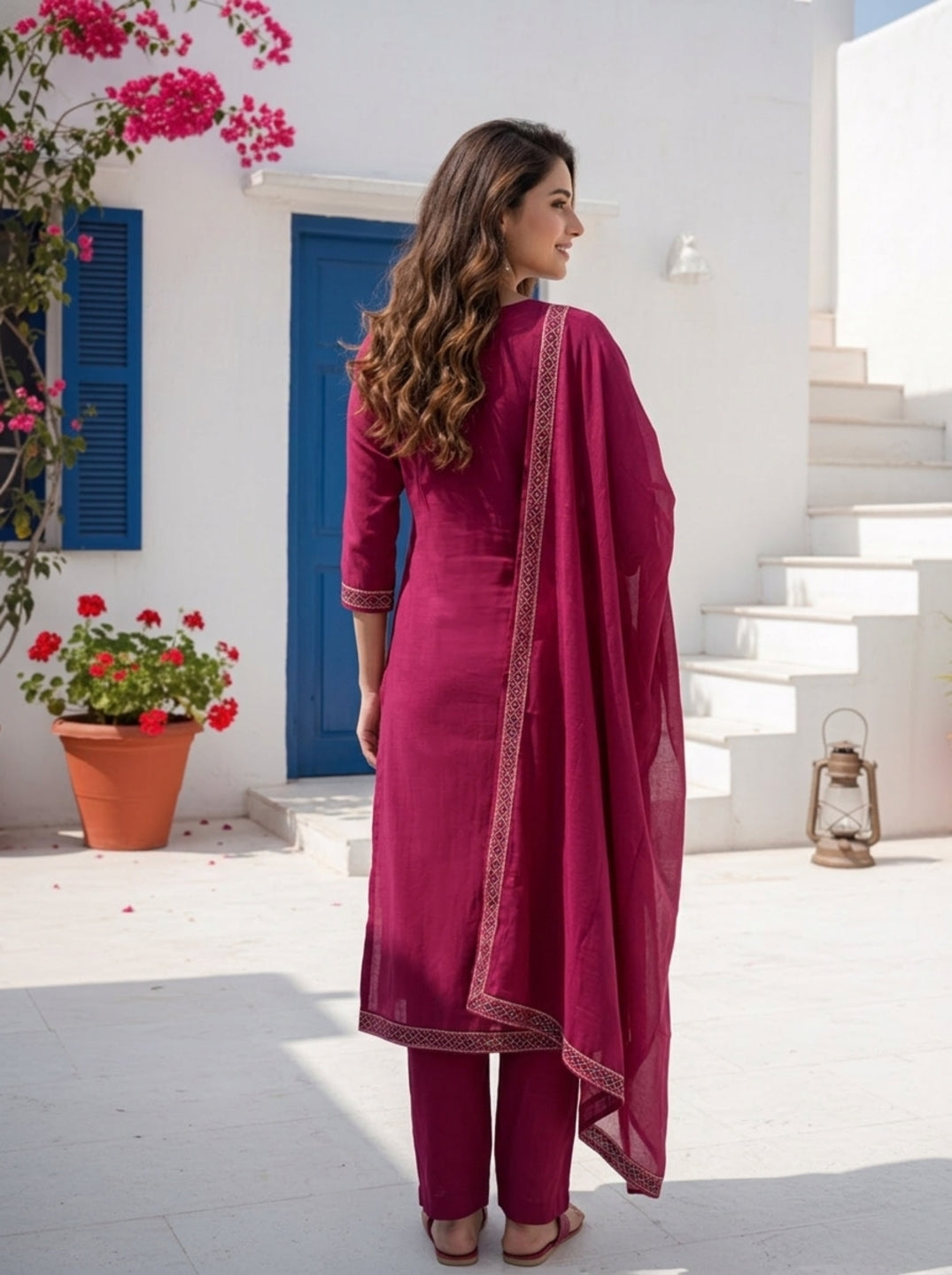 Rani Solid Sequin Embroidered Muslin Silk Straight Kurta Set with Palazzo and Dupatta