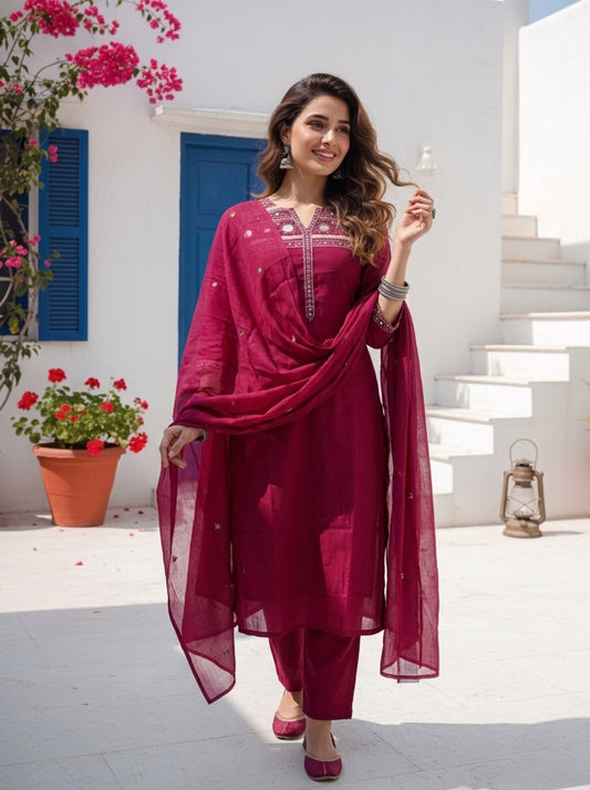 Rani Solid Sequin Embroidered Muslin Silk Straight Kurta Set with Palazzo and Dupatta