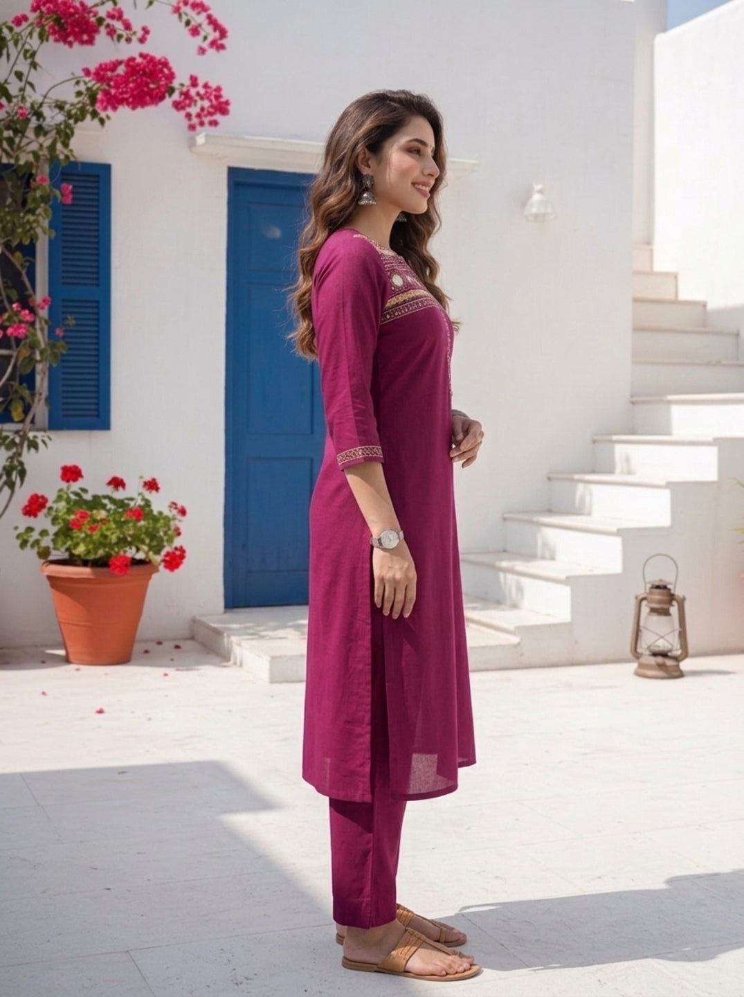 Rani Solid Sequin Embroidered Muslin Silk Straight Kurta Set with Palazzo and Dupatta