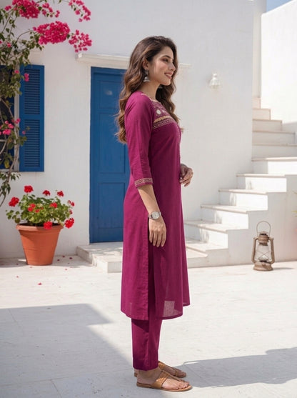 Rani Solid Sequin Embroidered Muslin Silk Straight Kurta Set with Palazzo and Dupatta