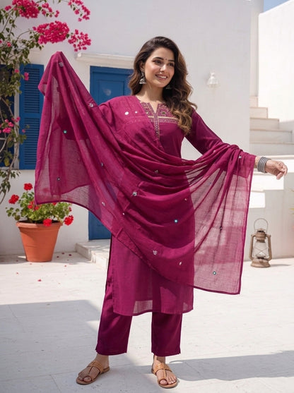 Rani Solid Sequin Embroidered Muslin Silk Straight Kurta Set with Palazzo and Dupatta