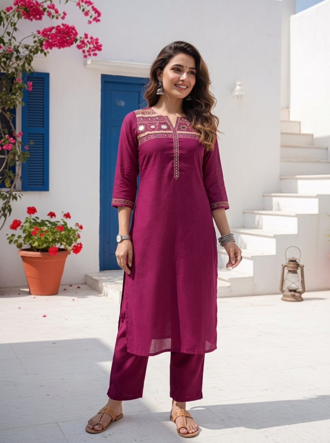 Rani Solid Sequin Embroidered Muslin Silk Straight Kurta Set with Palazzo and Dupatta