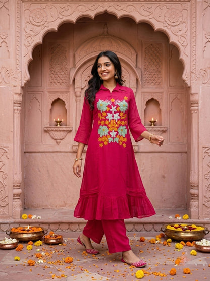 Raani Pink Solid Floral Embroidered Chanderi Silk A-Line Kurta Set with Palazzo