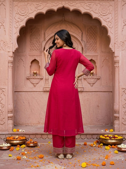 Raani Pink Solid Floral Embroidered Chanderi Silk A-Line Kurta Set with Palazzo