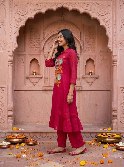 Raani Pink Solid Floral Embroidered Chanderi Silk A-Line Kurta Set with Palazzo