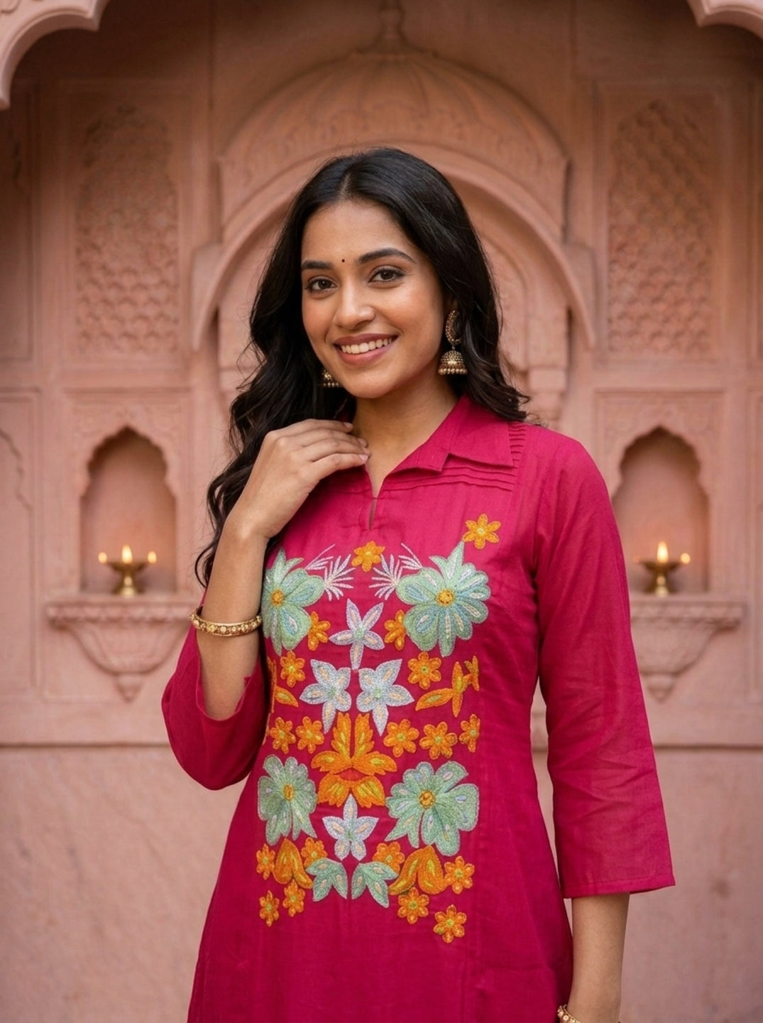 Raani Pink Solid Floral Embroidered Chanderi Silk A-Line Kurta Set with Palazzo