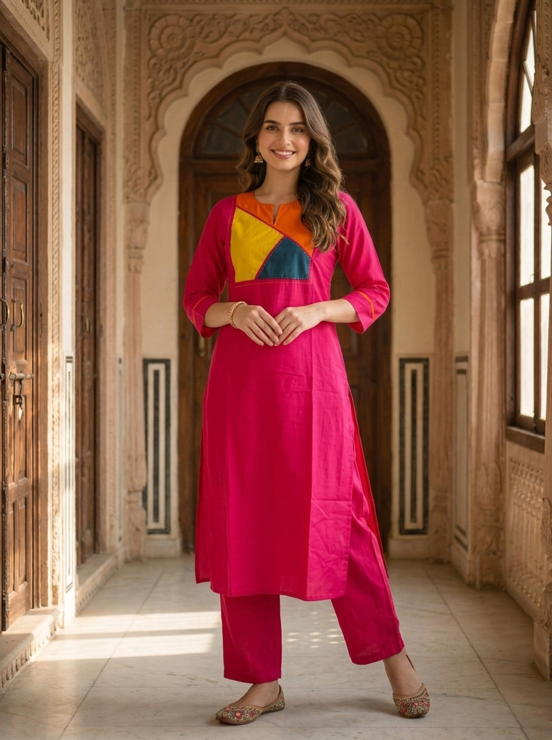 Magenta Solid Patchwork Embroidered Muslin Silk A-Line Co-ord Set with Palazzo