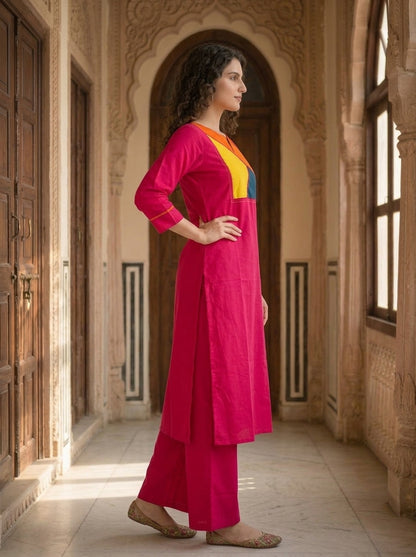 Magenta Solid Patchwork Embroidered Muslin Silk A-Line Co-ord Set with Palazzo