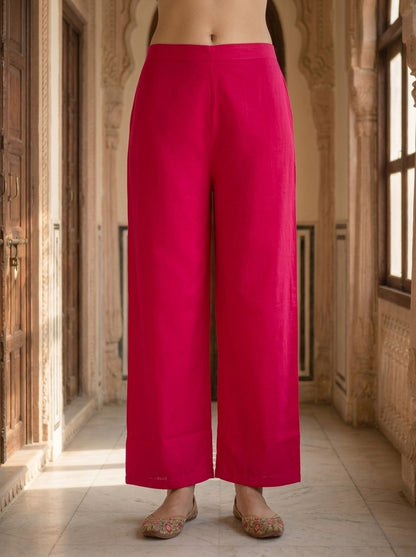 Magenta Solid Patchwork Embroidered Muslin Silk A-Line Co-ord Set with Palazzo