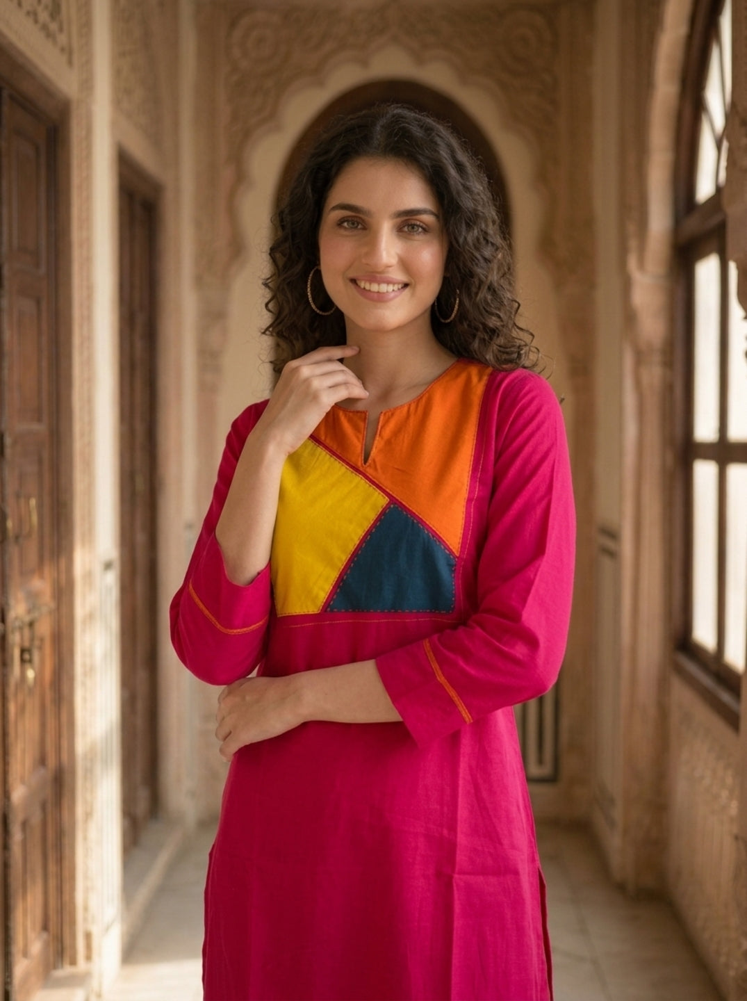 Magenta Solid Patchwork Embroidered Muslin Silk A-Line Co-ord Set with Palazzo