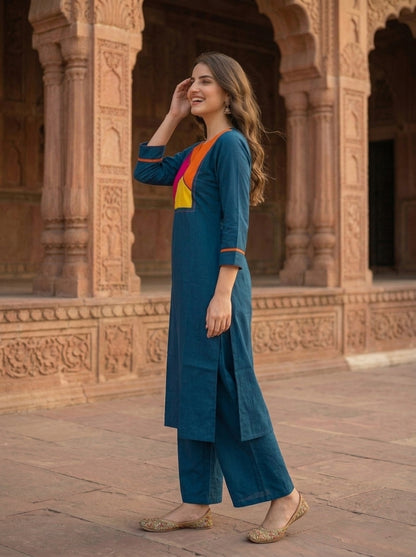 Teal Solid Patchwork Embroidered Muslin Silk A-Line Co-ord Set with Palazzo