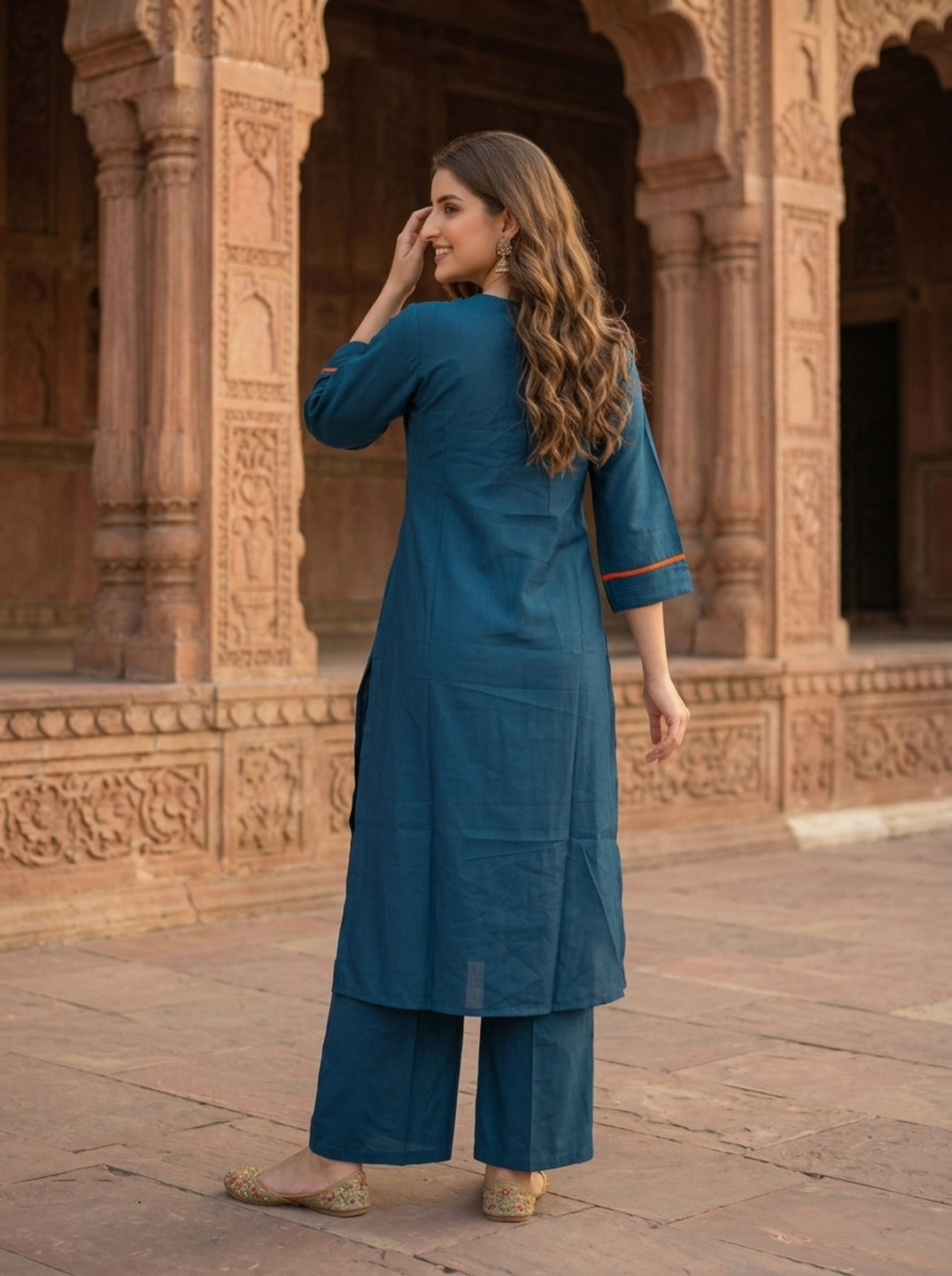 Teal Solid Patchwork Embroidered Muslin Silk A-Line Co-ord Set with Palazzo
