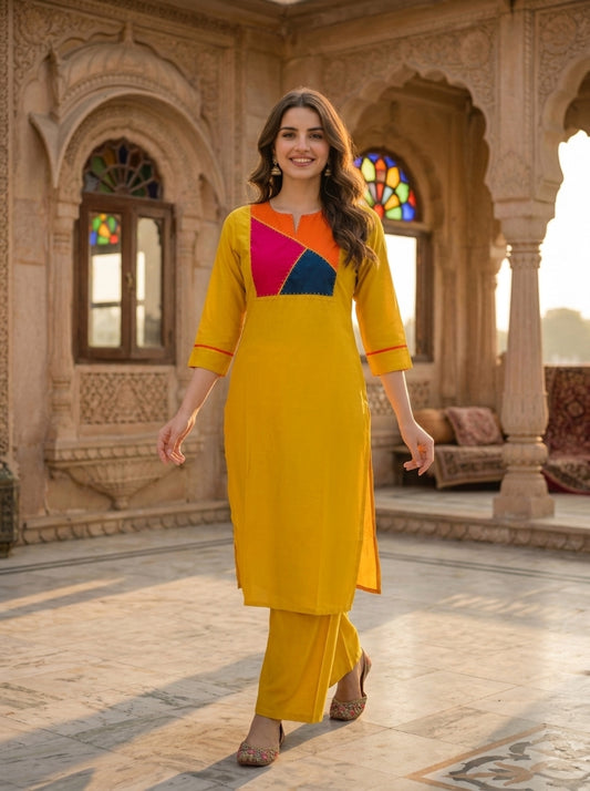 Mustard Yellow Solid Patchwork Embroidered Muslin Silk A-Line Co-ord Set with Palazzo