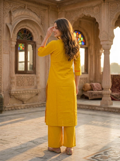 Mustard Yellow Solid Patchwork Embroidered Muslin Silk A-Line Co-ord Set with Palazzo