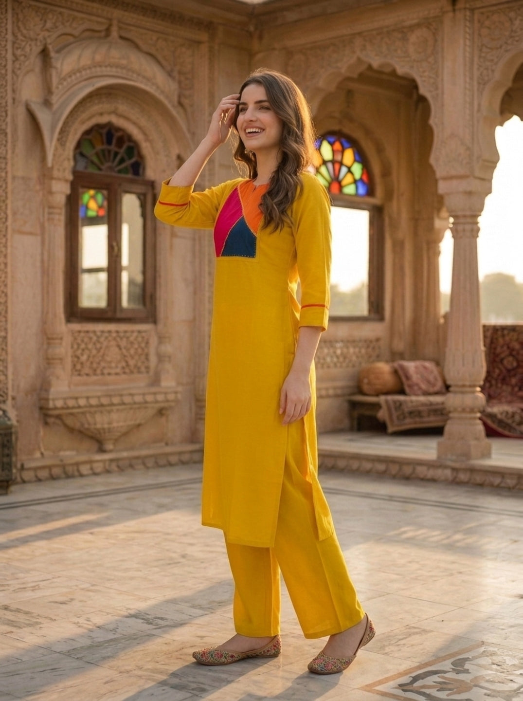 Mustard Yellow Solid Patchwork Embroidered Muslin Silk A-Line Co-ord Set with Palazzo