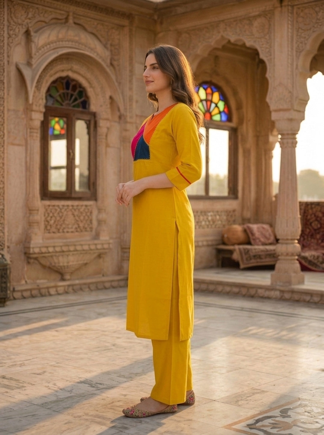 Mustard Yellow Solid Patchwork Embroidered Muslin Silk A-Line Co-ord Set with Palazzo