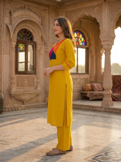 Mustard Yellow Solid Patchwork Embroidered Muslin Silk A-Line Co-ord Set with Palazzo