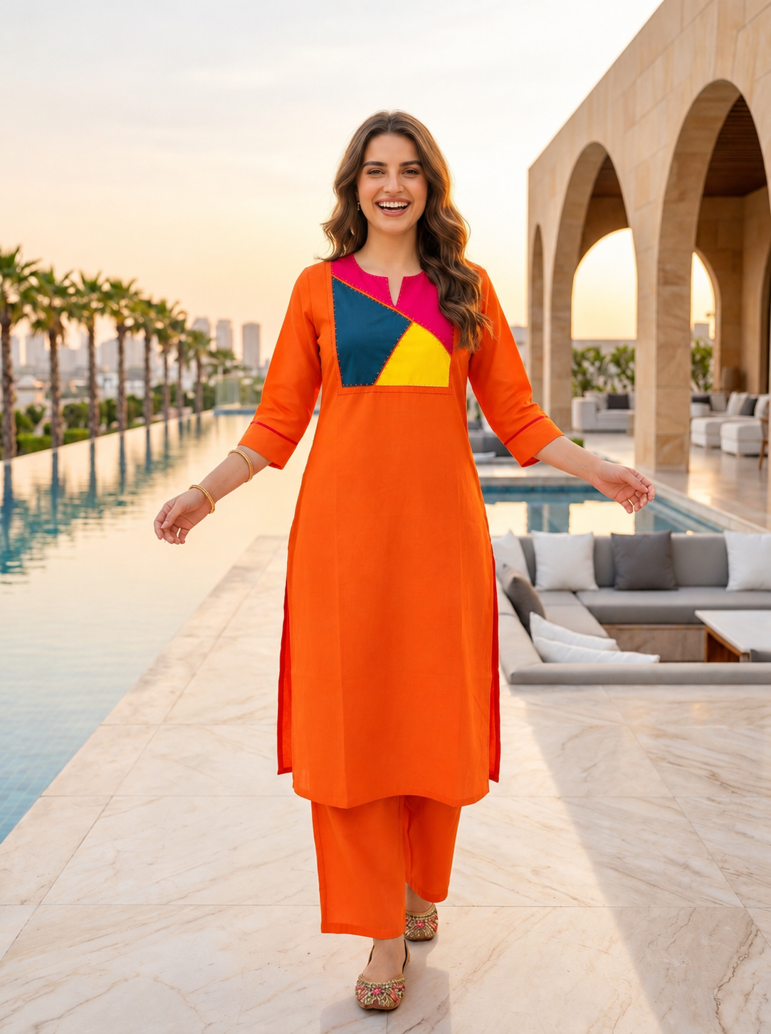 Orange Solid Patchwork Embroidered Muslin Silk A-Line Co-ord Set with Palazzo