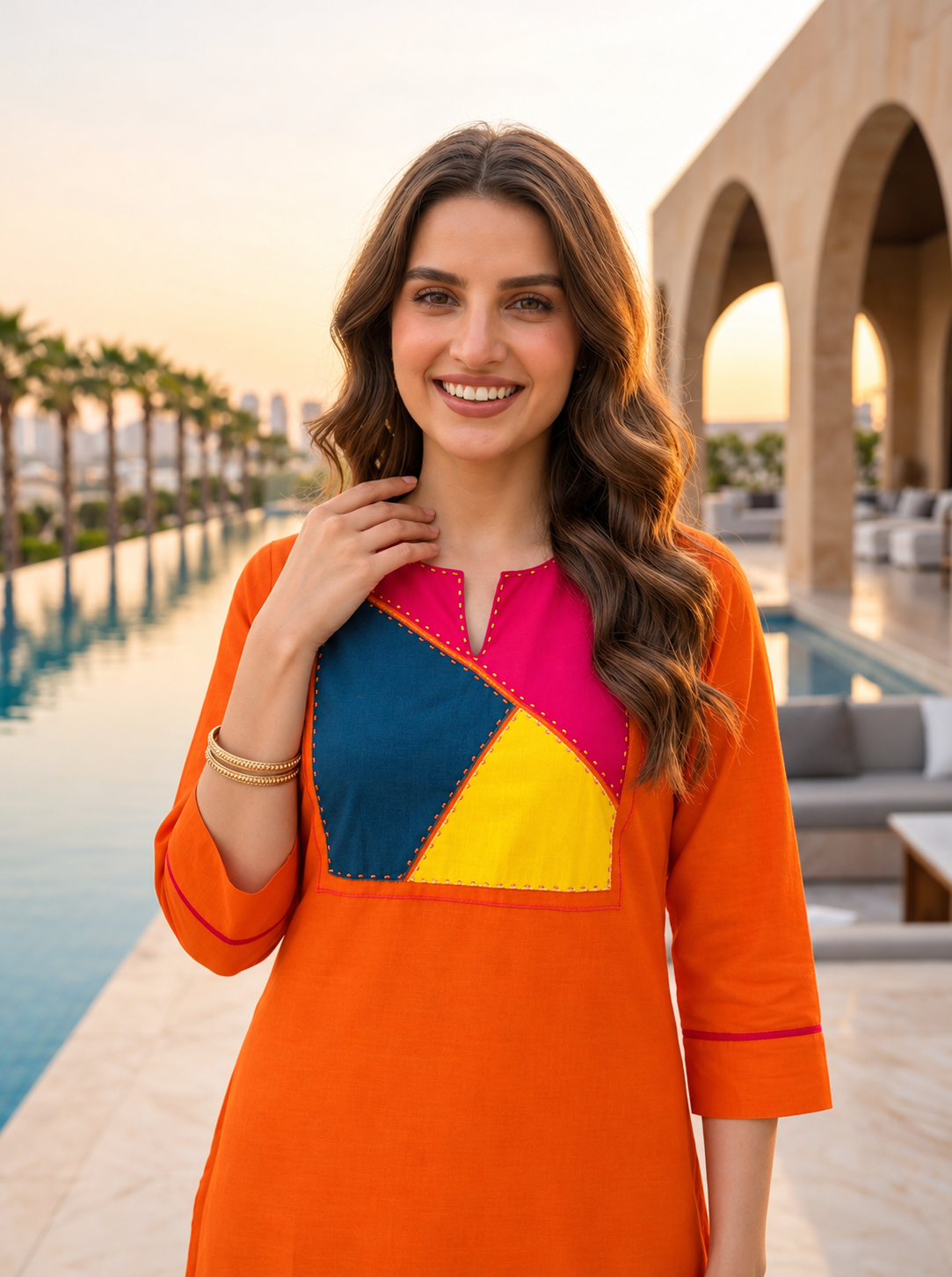 Orange Solid Patchwork Embroidered Muslin Silk A-Line Co-ord Set with Palazzo