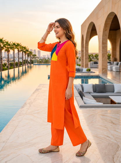 Orange Solid Patchwork Embroidered Muslin Silk A-Line Co-ord Set with Palazzo