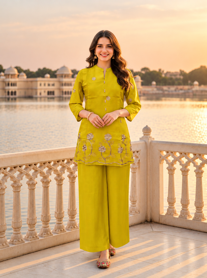 Mustard Yellow Solid Floral Embroidered Chanderi Silk A-Line Co-ord Set with Pant