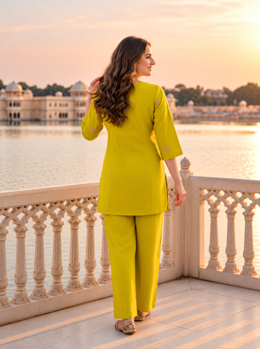 Mustard Yellow Solid Floral Embroidered Chanderi Silk A-Line Co-ord Set with Pant