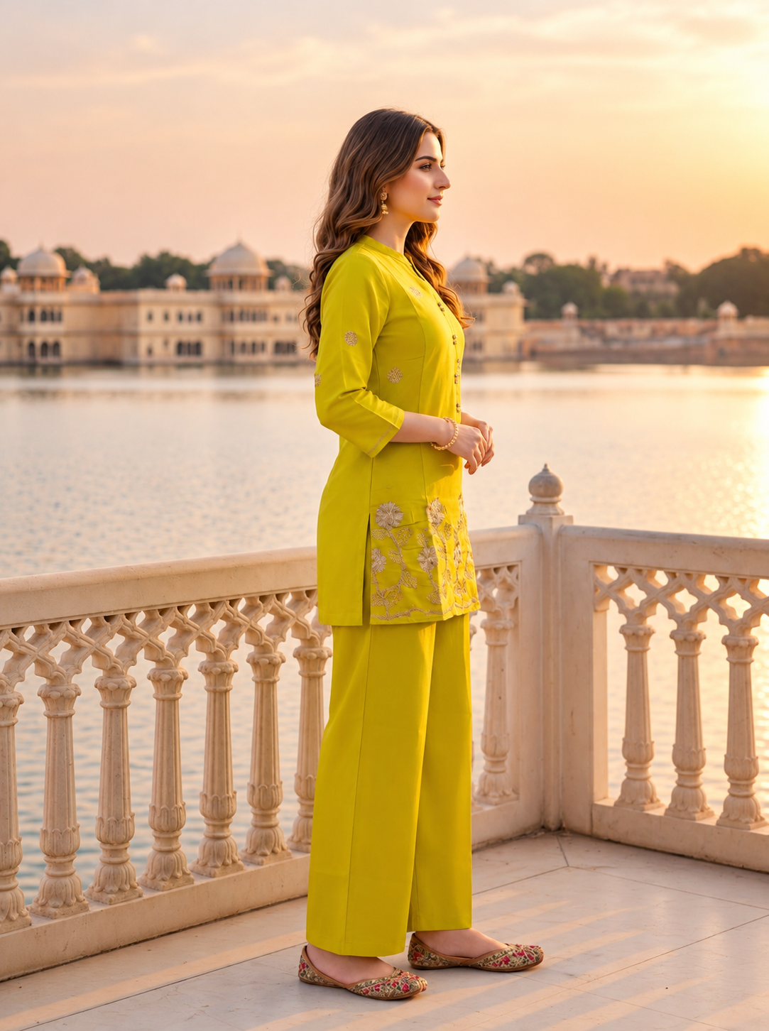 Mustard Yellow Solid Floral Embroidered Chanderi Silk A-Line Co-ord Set with Pant