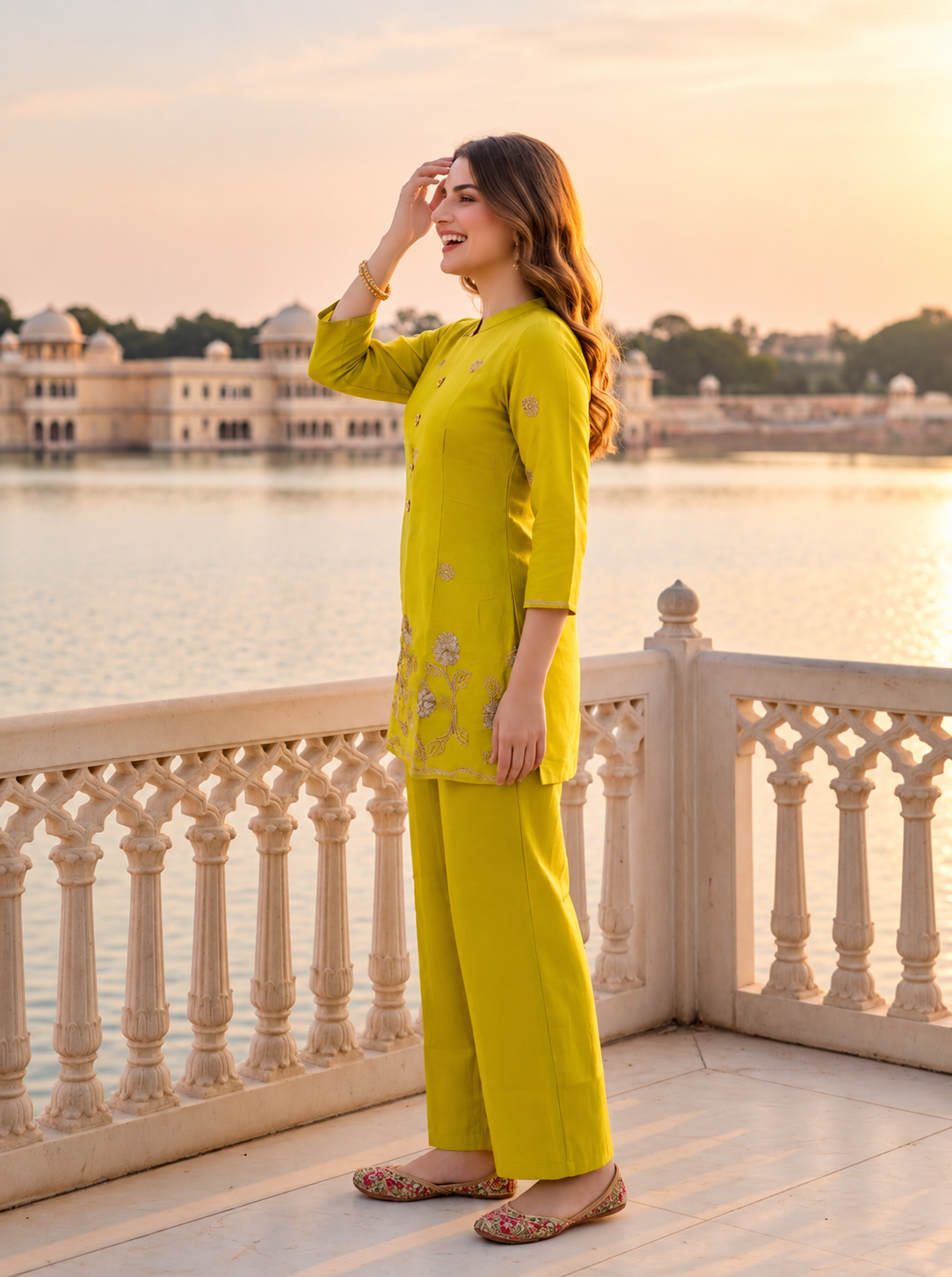 Mustard Yellow Solid Floral Embroidered Chanderi Silk A-Line Co-ord Set with Pant