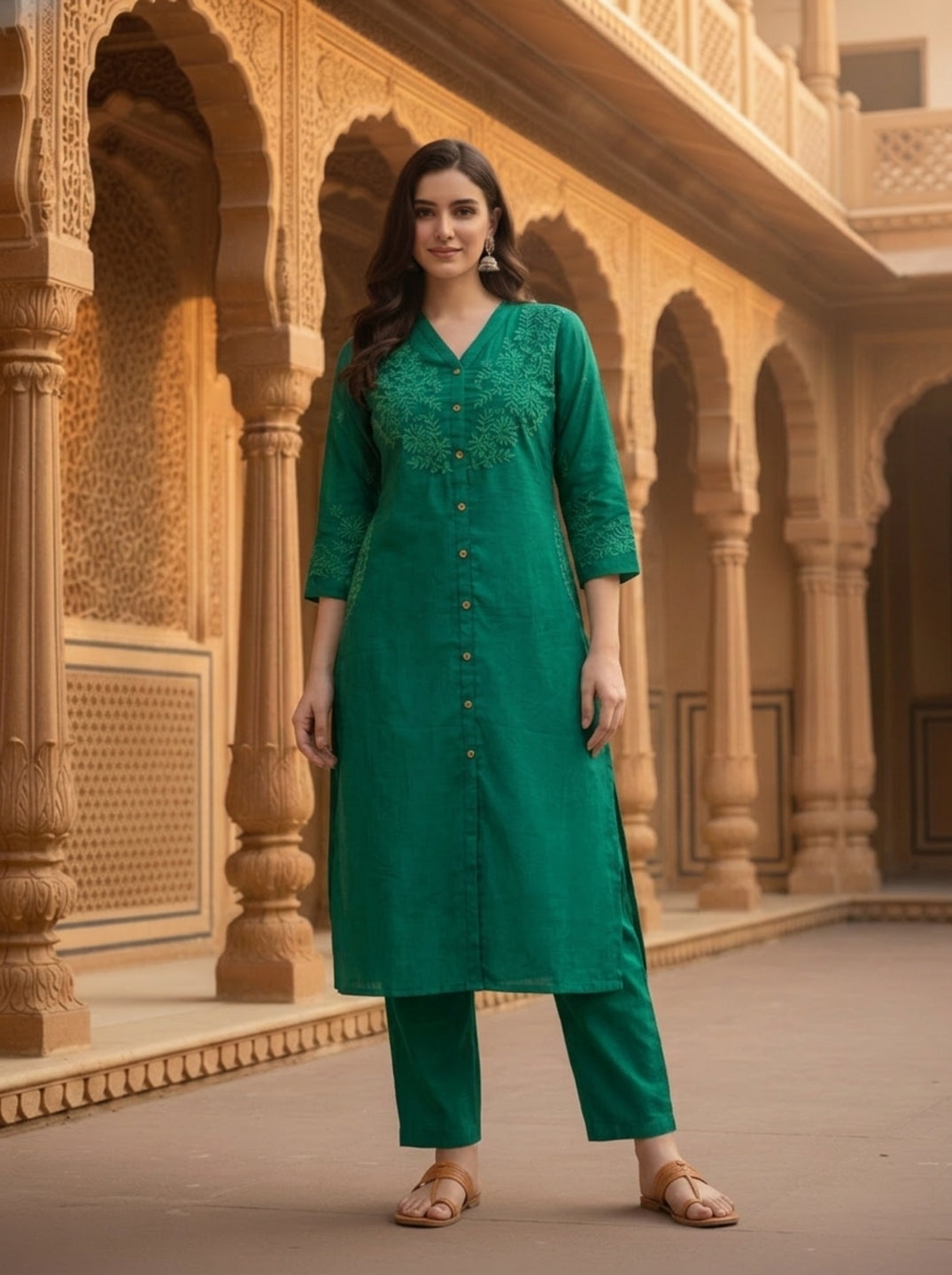 Emerald Green Solid Floral Embroidered Silk Blend A-Line Co-ord Set with Palazzo