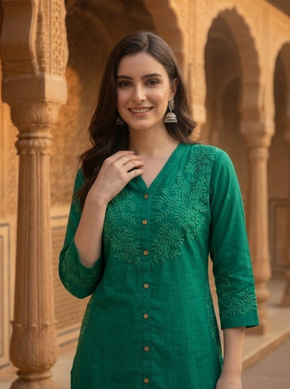 Emerald Green Solid Floral Embroidered Silk Blend A-Line Co-ord Set with Palazzo